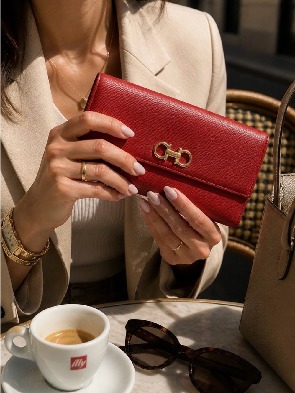 Salvatore Ferragamo Gancini Wallet on Chain Red Leather Gold Crossbody - Picture 3 of 8